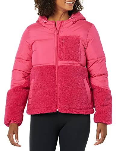 Amazon Essentials Damen Sherpa-Fleece-Pufferjacke Mit Kapuze Und Durchgehendem Reißverschluss, Intensive Rosa, L von Amazon Essentials