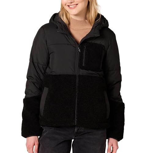Amazon Essentials Damen Sherpa-Fleece-Pufferjacke Mit Kapuze Und Durchgehendem Reißverschluss, Schwarz, L von Amazon Essentials
