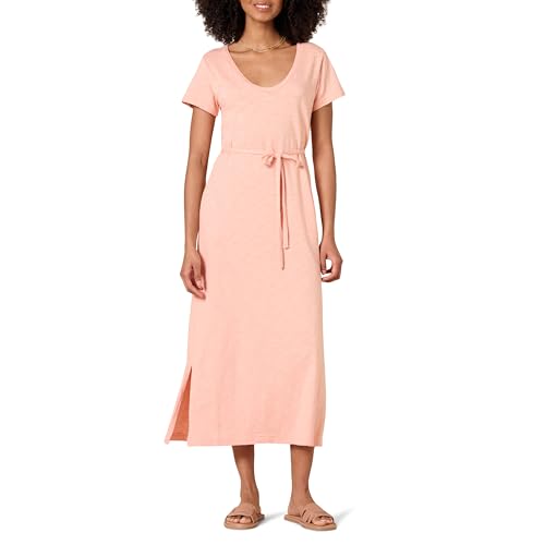 Amazon Essentials Damen Midi-T-Shirt-Kleid Kurze Ärmel Gürtel, Korallenrosa, L von Amazon Essentials