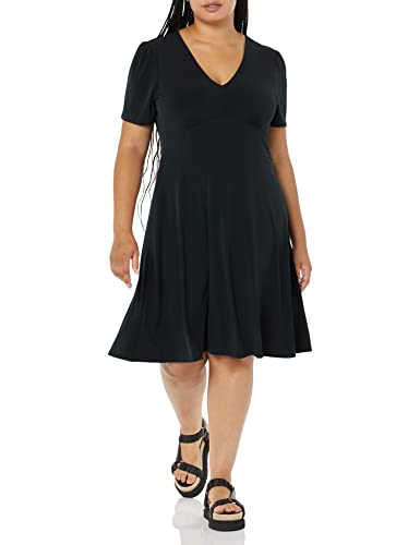 Amazon Essentials Damen Ausgestelltes Kurzarm-Kleid Mit V-Ausschnitt Und Geraffter Passform, Schwarz, M von Amazon Essentials