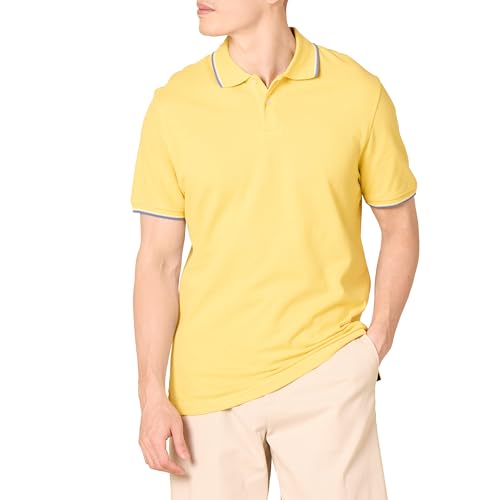 Amazon Essentials Herren Piqué-Poloshirt aus Baumwolle, Schmale Passform, Gelb/Blau/Weiß, XS von Amazon Essentials