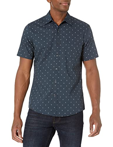 Amazon Essentials Herren Schmal Geschnittenes Bedrucktes Hemd Mit Kurzen Ärmeln Und Knopfleiste, Marineblau Weiß Ankermuster, M von Amazon Essentials