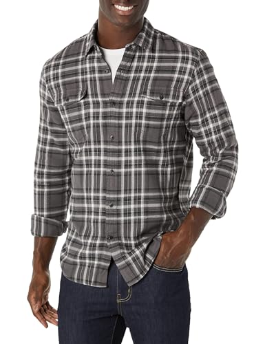 Amazon Essentials Herren Schmal geschnittenes Flanellhemd mit Langen Ärmeln und 2 Taschen, Grau Karo, XXL von Amazon Essentials
