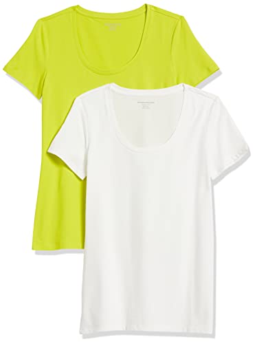 Amazon Essentials Damen Kurzärmliges T-Shirt mit U-Ausschnitt in klassischer Passform (Erhältlich in Übergröße), 2er-Pack, Weiß/Lindgrün, S von Amazon Essentials