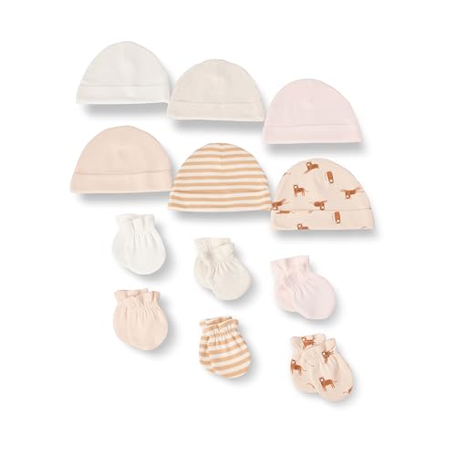 Amazon Essentials Unisex Baby 12-teiliges Set mit Mützen und Handschuhen, Rosa/Mehrfarbig, 0-6 Monate von Amazon Essentials