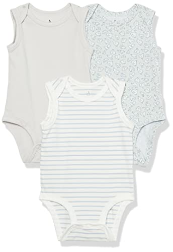 Amazon Essentials Unisex Baby Ärmelloser Body aus Baumwoll-Stretchjersey (zuvor Amazon Aware), 3er-Pack, Beige/Grau Streifen/Grün Vogelmuster, 18 Monate von Amazon Essentials