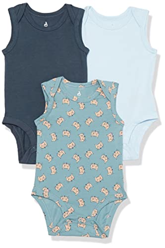 Amazon Essentials Unisex Baby Ärmelloser Body aus Baumwoll-Stretchjersey (zuvor Amazon Aware), 3er-Pack, Blassblau Fuchsaufdruck/Hellblau/Marineblau, 6-9 Monate von Amazon Essentials