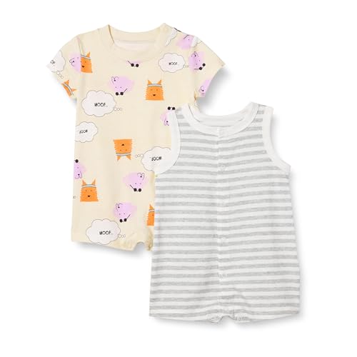Amazon Essentials Unisex Baby Ärmelloses Und Kurzärmliges Strampler-Set, 2er-Pack, Beige Hunde/Heide Streifen, 12 Monate von Amazon Essentials