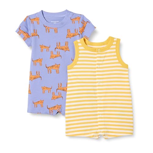 Amazon Essentials Unisex Baby Ärmelloses Und Kurzärmliges Strampler-Set, 2er-Pack, Purpur Melone Tiger/Streifen, 12 Monate von Amazon Essentials
