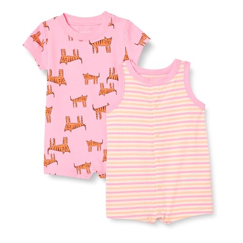 Amazon Essentials Unisex Baby Ärmelloses Und Kurzärmliges Strampler-Set, 2er-Pack, Rosa Tiger/Streifen, 6-9 Monate von Amazon Essentials
