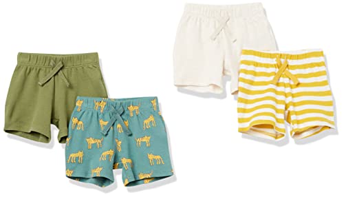 Amazon Essentials Unisex Baby Baumwollshorts Zum Schlüpfen, 4er-Pack, Ecru/Gelb Streifen/Olivgrün/Verwaschenes Blaugrün Große Katzen, 0 Monate von Amazon Essentials