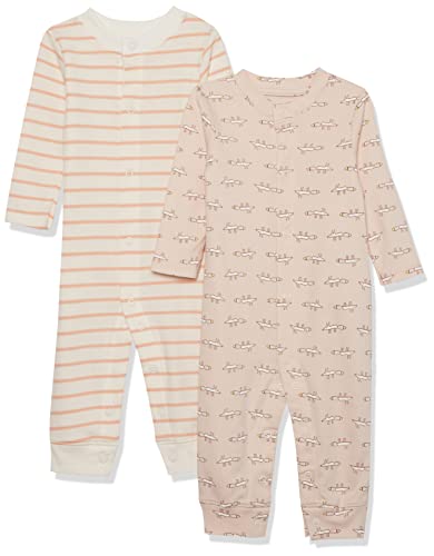 Amazon Essentials Unisex Baby Fußloser Overall aus Bio-Baumwolle (zuvor Amazon Aware), 2er-Pack, Beige Maus/Rosa Streifen, 3-6 Monate von Amazon Essentials