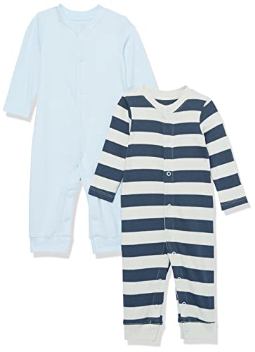 Amazon Essentials Unisex Baby Fußloser Overall aus Bio-Baumwolle (zuvor Amazon Aware), 2er-Pack, Blau Streifen, Frühchen von Amazon Essentials