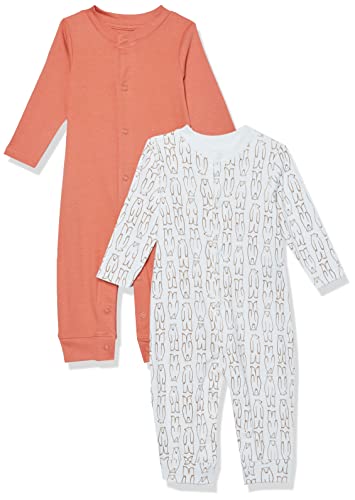 Amazon Essentials Unisex Baby Fußloser Overall aus Bio-Baumwolle (zuvor Amazon Aware), 2er-Pack, Korallenorange/Weiß Bärenaufddruck, 0 Monate von Amazon Essentials