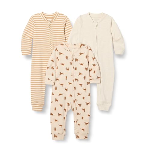 Amazon Essentials Unisex Baby Fußloser Schlafanzug mit Reißverschluss aus Baumwolle, 3er-Pack, Haferbeige Meliert/Streifen/Tiger, 6-9 Monate von Amazon Essentials