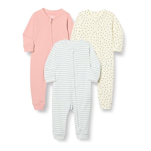 Amazon Essentials Unisex Baby Fußloser Schlafanzug mit Reißverschluss aus Baumwolle, 3er-Pack, Punkte/Staubrosé/Streifen, 6-9 Monate von Amazon Essentials