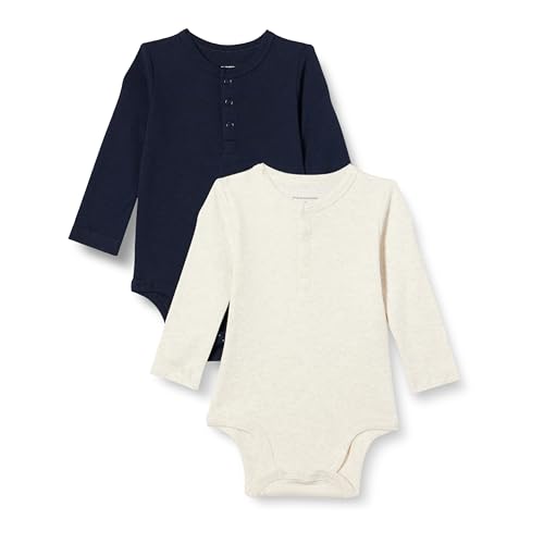 Amazon Essentials Unisex Baby Henley Bodys mit langen Ärmeln, 2er-Pack, Haferbeige Meliert/Marineblau, 24 Monate von Amazon Essentials