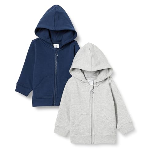 Amazon Essentials Unisex Baby Kapuzenpullover mit Reißverschluss aus französischem Frottee, 2er-Pack, Hellgrau Meliert/Marineblau, 3-6 Monate von Amazon Essentials