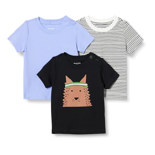Amazon Essentials Unisex Baby Kurzärmelige T-Shirts, 3er-Pack, Blau/Bretonstreifen/Hund, 18 Monate von Amazon Essentials