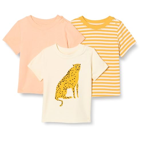 Amazon Essentials Unisex Baby Kurzärmelige T-Shirts, 3er-Pack, Gepard/Pastell Pfirsich/Streifen, 12 Monate von Amazon Essentials
