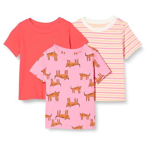 Amazon Essentials Unisex Baby Kurzärmelige T-Shirts, 3er-Pack, Rot/Streifen/Tiger, 18 Monate von Amazon Essentials