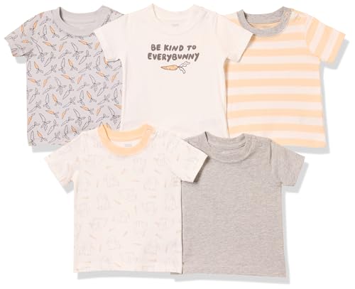 Amazon Essentials Baby Jungen Kurzärmeliges T-Shirt, 5er-Pack, Dunkelgrau Carrots/Gebrochenes Weiß/Grau Meliert/Kaninchen/Orange Rugby-Streifen, 0 Monate von Amazon Essentials