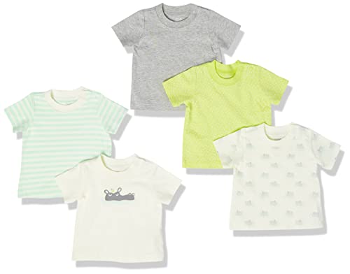 Amazon Essentials Baby Jungen Kurzärmeliges T-Shirt, 5er-Pack, Grau/Grellweiß Nilpferd/Grün Streifen/Lindgrün/Weiß, 0-3 Monate von Amazon Essentials