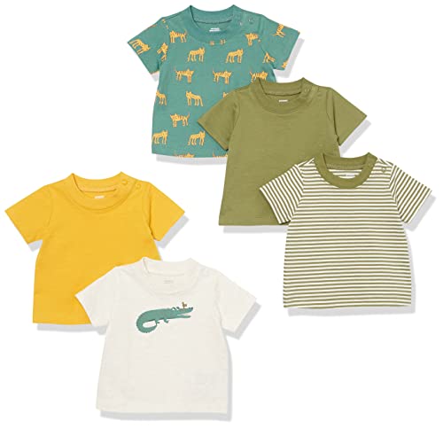 Amazon Essentials Baby Jungen Kurzärmeliges T-Shirt, 5er-Pack, Beige Krokodil/Gelb/Grün Tiger/Olivgrün/Streifen, 0 Monate von Amazon Essentials