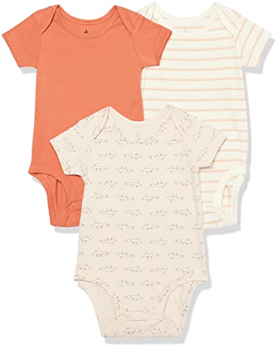 Amazon Essentials Unisex Baby Kurzärmliger Body aus Baumwoll-Stretchjersey (zuvor Amazon Aware), 3er-Pack, Beige Maus/Hellorange/Rosa Streifen, 18 Monate von Amazon Essentials