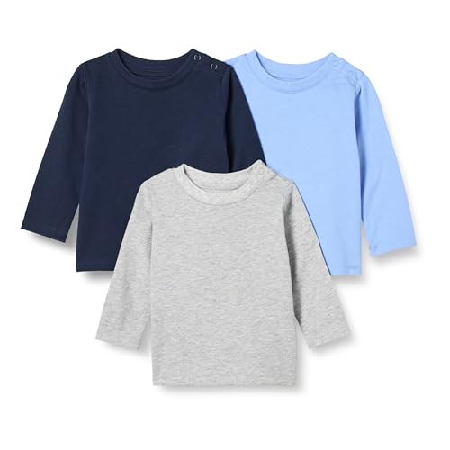 Amazon Essentials Unisex Baby Langärmlige T-Shirts Aus 100 % Baumwolle Mit Lockerer Passform, 3er-Pack, Blau/Heide/Marineblau, 0 Monate von Amazon Essentials