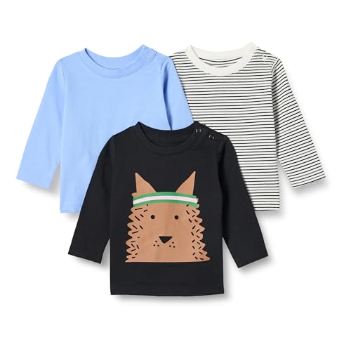 Amazon Essentials Unisex Baby Langärmlige T-Shirts Aus 100 % Baumwolle Mit Lockerer Passform, 3er-Pack, Blau/Hund/Streifen, 0-3 Monate von Amazon Essentials