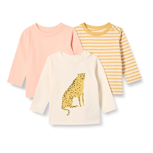 Amazon Essentials Unisex Baby Langärmlige T-Shirts Aus 100 % Baumwolle Mit Lockerer Passform, 3er-Pack, Gepard/Streifen, 0 Monate von Amazon Essentials