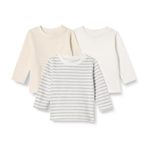 Amazon Essentials Unisex Baby Langärmlige T-Shirts Aus 100 % Baumwolle Mit Lockerer Passform, 3er-Pack, Haferbeige Meliert/Streifen, 0 Monate von Amazon Essentials