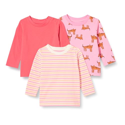 Amazon Essentials Unisex Baby Langärmlige T-Shirts Aus 100 % Baumwolle Mit Lockerer Passform, 3er-Pack, Rosa Tiger/Streifen, 0-3 Monate von Amazon Essentials