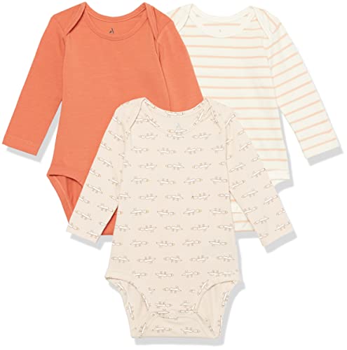 Amazon Essentials Unisex Baby Langärmliger Body aus Baumwoll-Stretchjersey (zuvor Amazon Aware), 3er-Pack, Beige Maus/Hellorange/Rosa Streifen, Frühchen von Amazon Essentials