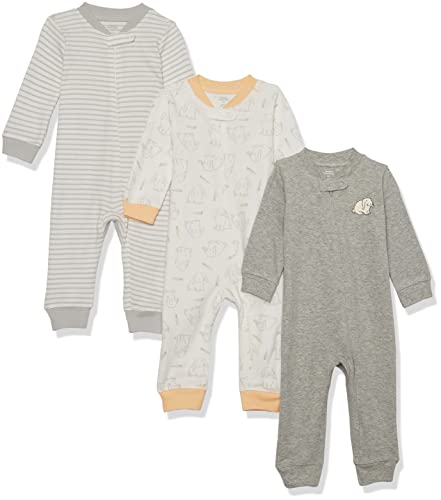 Amazon Essentials Unisex Baby Schlaf- und Spielanzug aus Baumwolle ohne Fuß mit Reißverschluss vorne, 3er-Pack, Gebrochenes Weiß Kaninchen/Grau Meliert/Streifen, Frühchen von Amazon Essentials