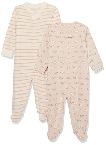 Amazon Essentials Unisex Baby Strampler mit Füßen aus Bio-Baumwolle (zuvor Amazon Aware), 2er-Pack, Beige Maus/Weiß Streifen, 0 Monate von Amazon Essentials