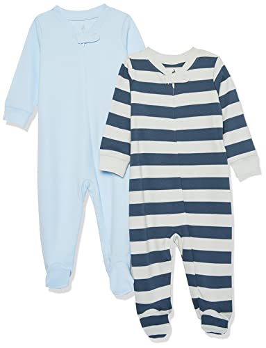Amazon Essentials Unisex Baby Strampler mit Füßen aus Bio-Baumwolle (zuvor Amazon Aware), 2er-Pack, Blau/Grau Streifen, 0 Monate von Amazon Essentials