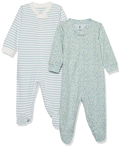 Amazon Essentials Unisex Baby Strampler mit Füßen aus Bio-Baumwolle (zuvor Amazon Aware), 2er-Pack, Grün Vogelmuster/Weiß Streifen, Frühchen von Amazon Essentials