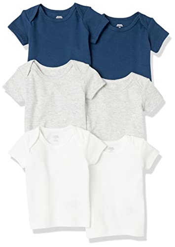 Amazon Essentials Unisex Baby T-Shirt mit Überlappungen an der Schulter, 6er-Pack, Grau Meliert/Marineblau/Weiß, 0 Monate von Amazon Essentials