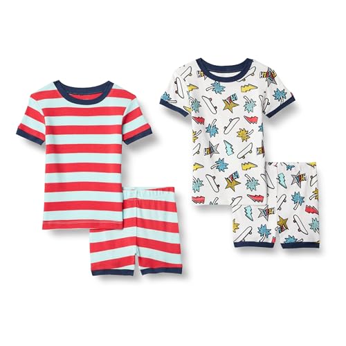 Amazon Essentials Unisex Kinder Eng anliegende Baumwoll-Schlafanzüge, Blasses Aquablau/Rot/Streifen/Weiß/Yeah, 6-7 Jahre von Amazon Essentials