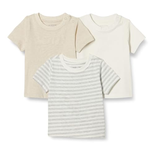 Amazon Essentials Unisex Kinder Kurzärmelige T-Shirts, 3er-Pack, Haferbeige Meliert/Streifen/Weiß, 4 Jahre von Amazon Essentials