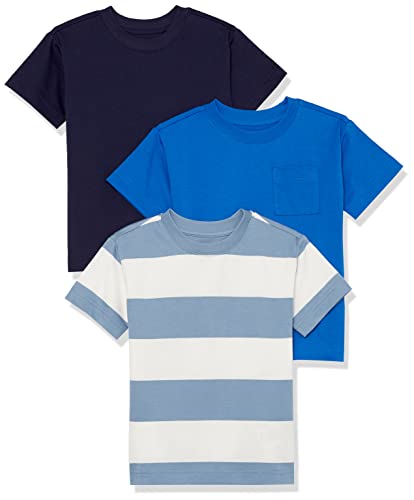 Amazon Essentials Unisex Kinder Kurzärmeliges Sport-T-Shirt, 3er-Pack, Dunkles Marineblau/Kräftiges Blau/Weiß Rugby-Streifen, 3 Jahre von Amazon Essentials