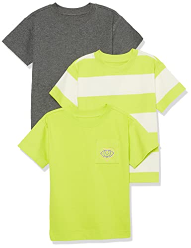 Amazon Essentials Unisex Kinder Kurzärmeliges Sport-T-Shirt, 3er-Pack, Kohlegrau Meliert/Lindgrün/Weiß Rugby-streifen, 9 Jahre von Amazon Essentials