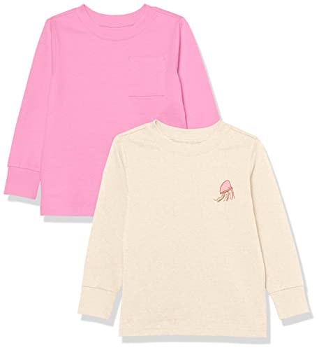 Amazon Essentials Unisex Kinder Langarm-T-Shirt mit Rippbündchen, 2er-Pack, Creme Jellyfish/Rosa, 4 Jahre von Amazon Essentials