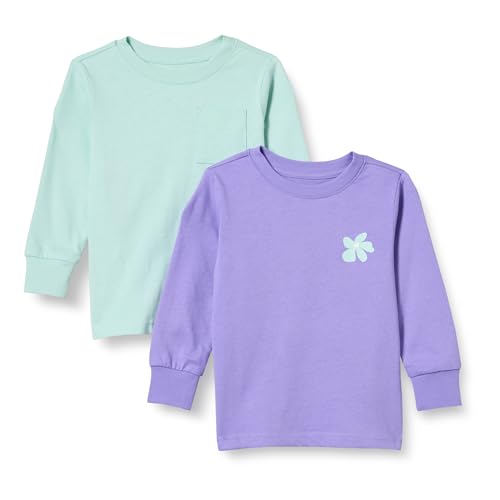 Amazon Essentials Unisex Kinder Langarm-T-Shirt mit Rippbündchen, 2er-Pack, Hellviolett/Minzgrün Blumen, 11-12 Jahre von Amazon Essentials