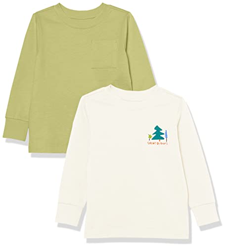 Amazon Essentials Unisex Kinder Langarm-T-Shirt mit Rippbündchen, 2er-Pack, Gebrochenes Weiß Great Outdoors/Helles Olivgrün, 11-12 Jahre von Amazon Essentials