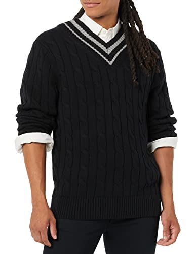 Amazon Essentials Herren Pullover mit V-Ausschnitt und Zopfmuster, Schwarz, S von Amazon Essentials