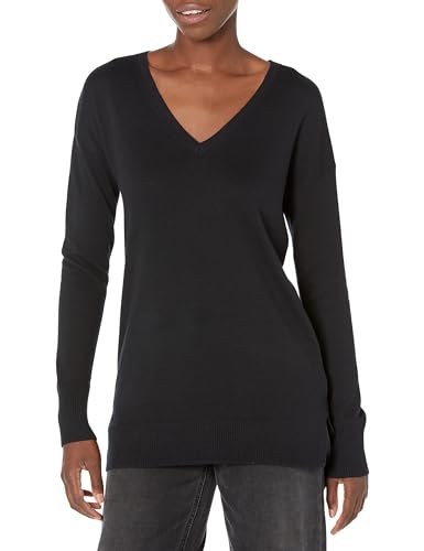 Amazon Essentials Damen Leichter Tunika-Pullover Mit Langen Ärmeln Und V-Ausschnitt (Erhältlich In Übergröße), Schwarz, M von Amazon Essentials