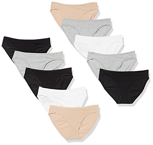 Amazon Essentials Damen Bikinihose aus Baumwolle (in Übergröße erhältlich), 10er-Pack, Grau Meliert/Hellrosa/Schwarz/Weiß, 40 von Amazon Essentials